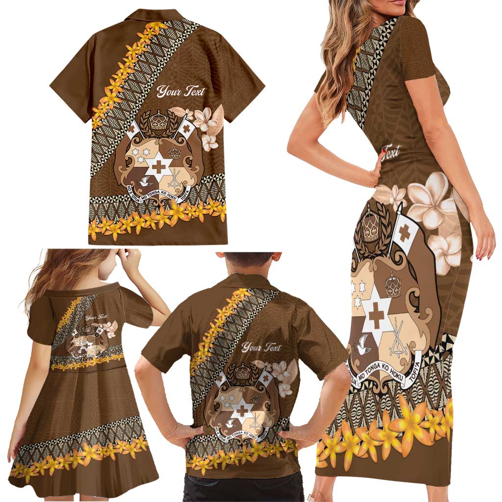 Personalised Tonga Language Week Family Matching Short Sleeve Bodycon Dress and Hawaiian Shirt Malo e Lelei Tongan Ngatu Pattern - Brown