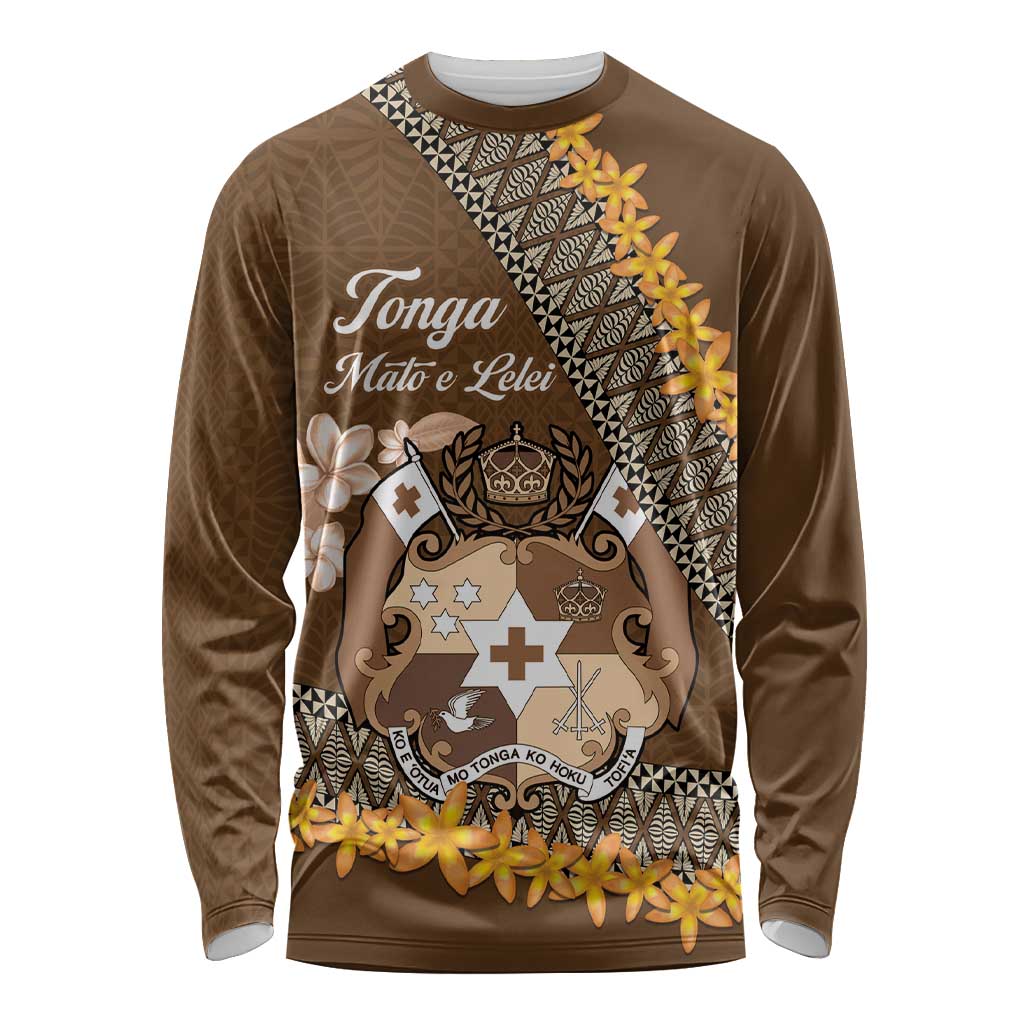 Personalised Tonga Language Week Long Sleeve Shirt Malo e Lelei Tongan Ngatu Pattern - Brown LT14 Unisex Brown - Polynesian Pride