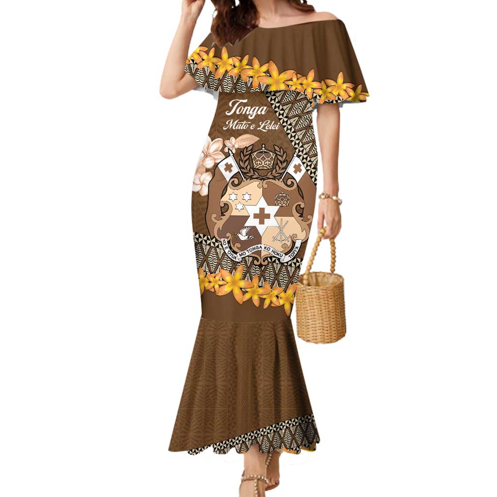 Personalised Tonga Language Week Mermaid Dress Malo e Lelei Tongan Ngatu Pattern - Brown LT14 Women Brown - Polynesian Pride