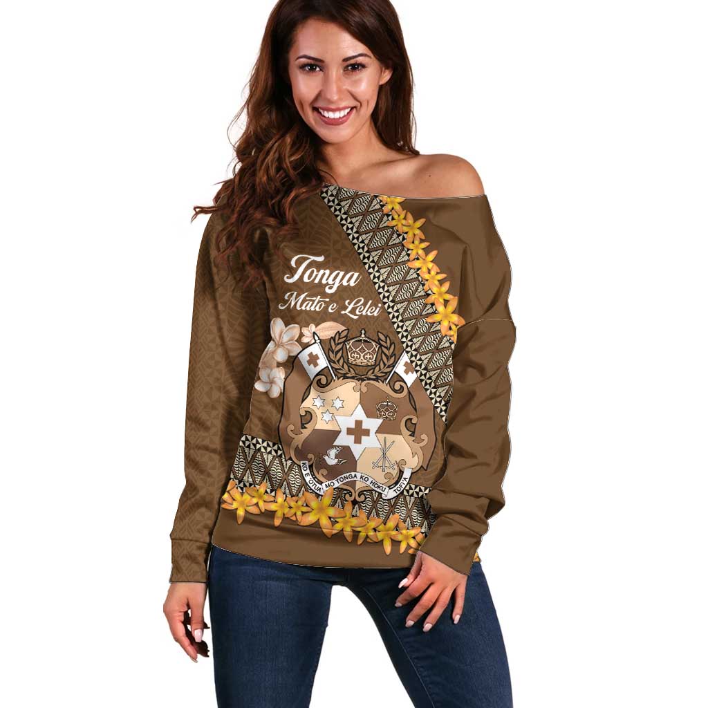 Personalised Tonga Language Week Off Shoulder Sweater Malo e Lelei Tongan Ngatu Pattern - Brown LT14 Women Brown - Polynesian Pride