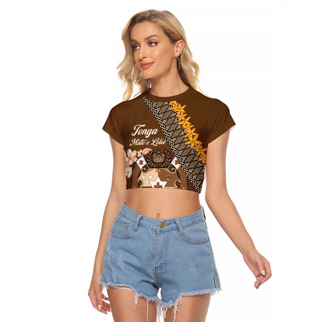 Personalised Tonga Language Week Raglan Cropped T Shirt Malo e Lelei Tongan Ngatu Pattern - Brown LT14 Female Brown - Polynesian Pride