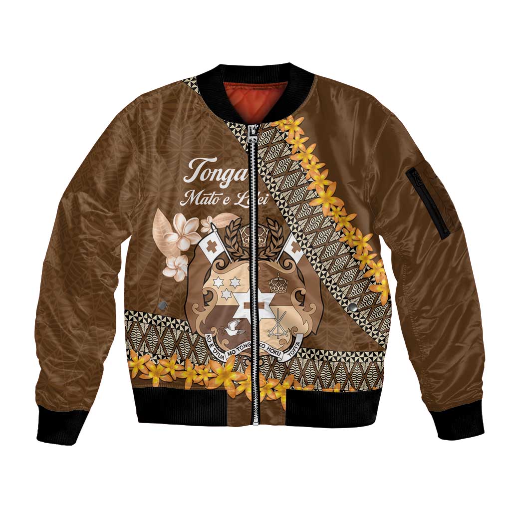 Personalised Tonga Language Week Sleeve Zip Bomber Jacket Malo e Lelei Tongan Ngatu Pattern - Brown LT14 Unisex Brown - Polynesian Pride