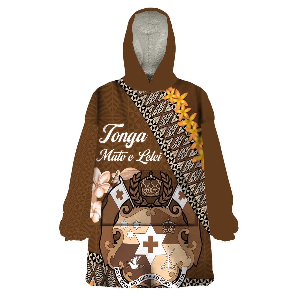 Personalised Tonga Language Week Wearable Blanket Hoodie Malo e Lelei Tongan Ngatu Pattern - Brown LT14 One Size Brown - Polynesian Pride