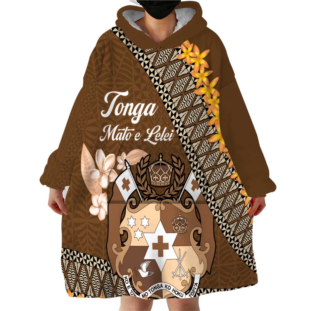 Personalised Tonga Language Week Wearable Blanket Hoodie Malo e Lelei Tongan Ngatu Pattern - Brown