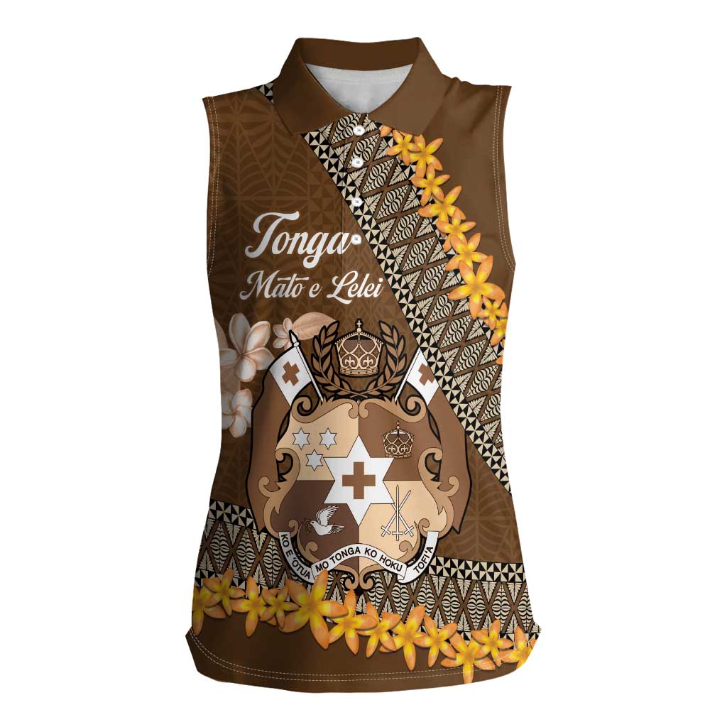 Personalised Tonga Language Week Women Sleeveless Polo Shirt Malo e Lelei Tongan Ngatu Pattern - Brown LT14 Female Brown - Polynesian Pride