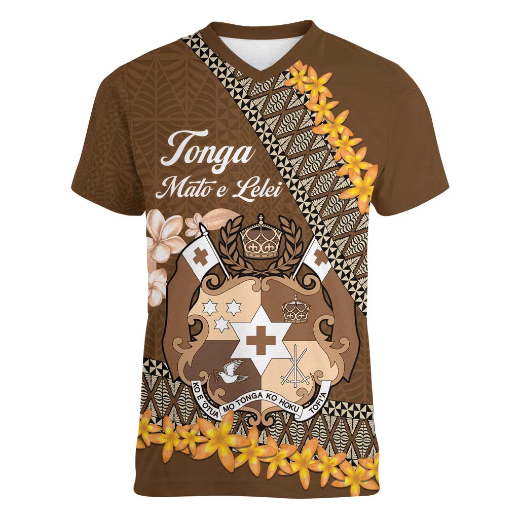 Personalised Tonga Language Week Women V-Neck T-Shirt Malo e Lelei Tongan Ngatu Pattern - Brown LT14 Female Brown - Polynesian Pride
