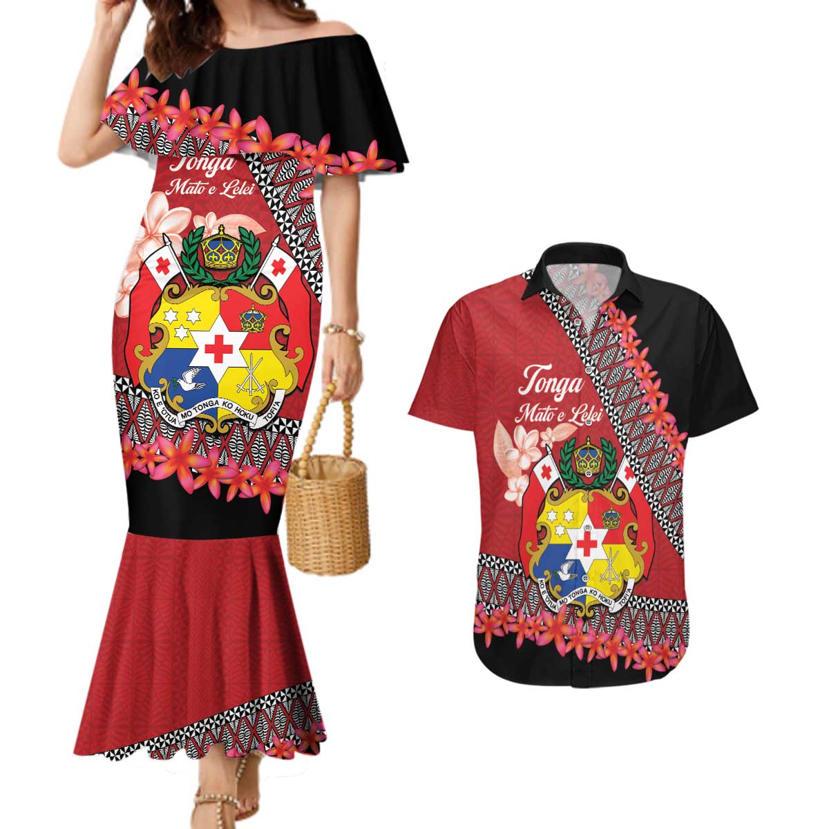 Personalised Tonga Language Week Couples Matching Mermaid Dress and Hawaiian Shirt Malo e Lelei Tongan Ngatu Pattern - Red LT14 Red - Polynesian Pride