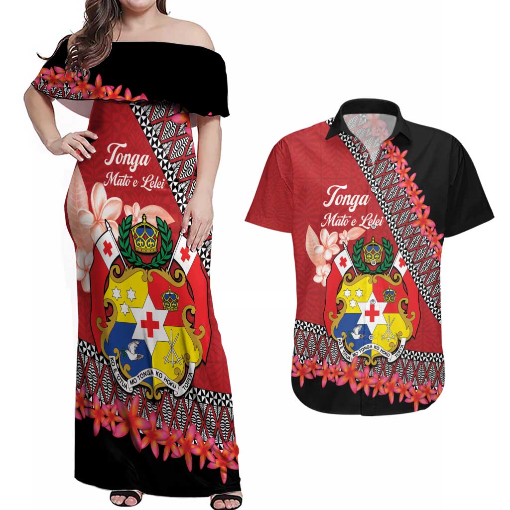 Personalised Tonga Language Week Couples Matching Off Shoulder Maxi Dress and Hawaiian Shirt Malo e Lelei Tongan Ngatu Pattern - Red LT14 Red - Polynesian Pride