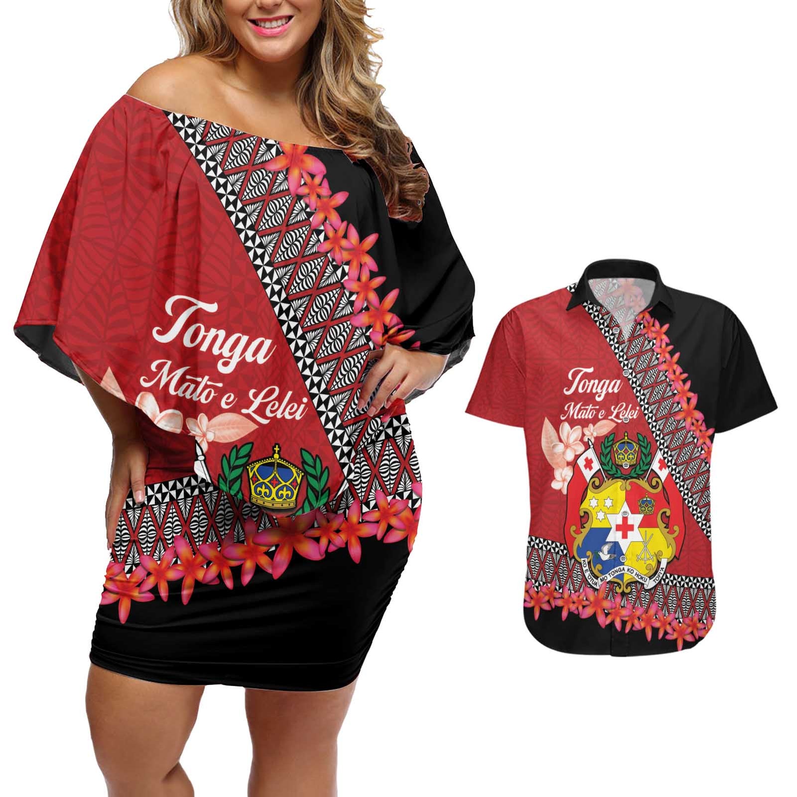 Personalised Tonga Language Week Couples Matching Off Shoulder Short Dress and Hawaiian Shirt Malo e Lelei Tongan Ngatu Pattern - Red LT14 Red - Polynesian Pride