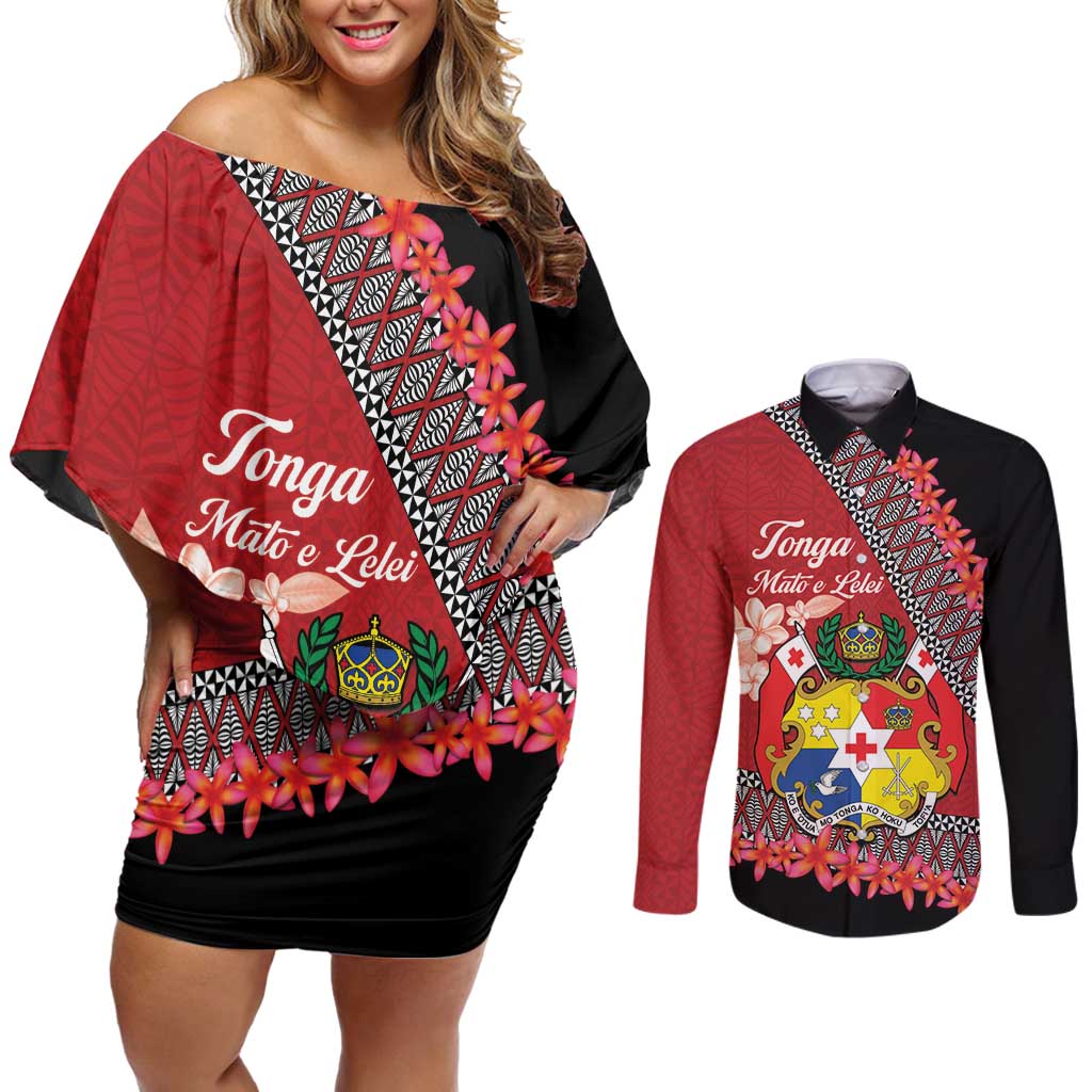 Personalised Tonga Language Week Couples Matching Off Shoulder Short Dress and Long Sleeve Button Shirt Malo e Lelei Tongan Ngatu Pattern - Red LT14 Red - Polynesian Pride