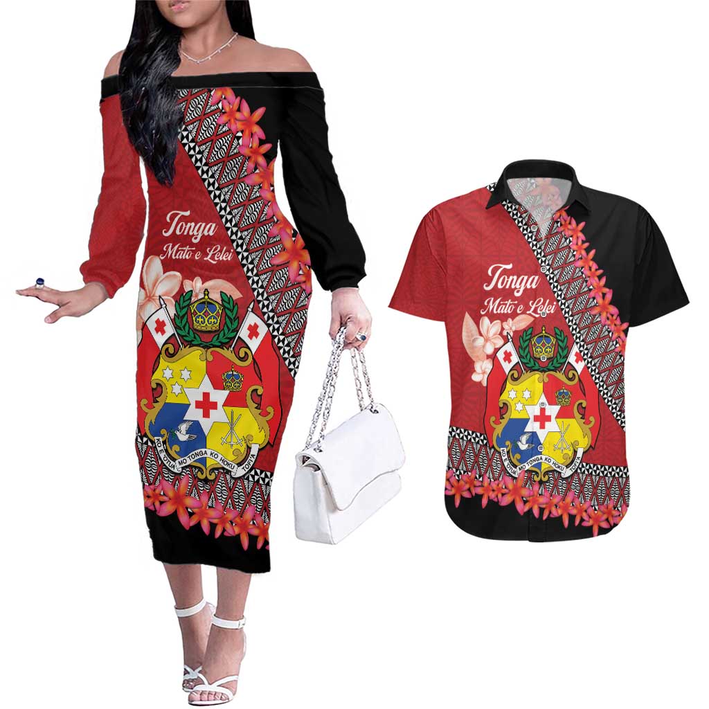 Personalised Tonga Language Week Couples Matching Off The Shoulder Long Sleeve Dress and Hawaiian Shirt Malo e Lelei Tongan Ngatu Pattern - Red LT14 Red - Polynesian Pride