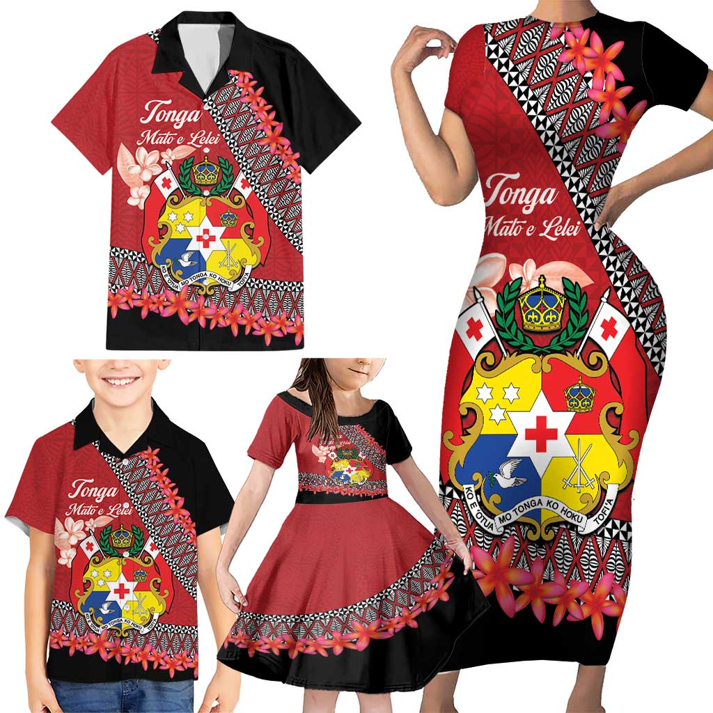 Personalised Tonga Language Week Family Matching Short Sleeve Bodycon Dress and Hawaiian Shirt Malo e Lelei Tongan Ngatu Pattern - Red LT14 - Polynesian Pride