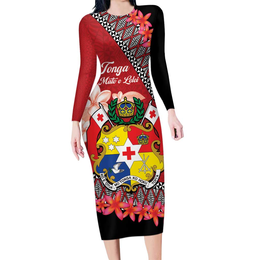 Personalised Tonga Language Week Long Sleeve Bodycon Dress Malo e Lelei Tongan Ngatu Pattern - Red LT14 Long Dress Red - Polynesian Pride