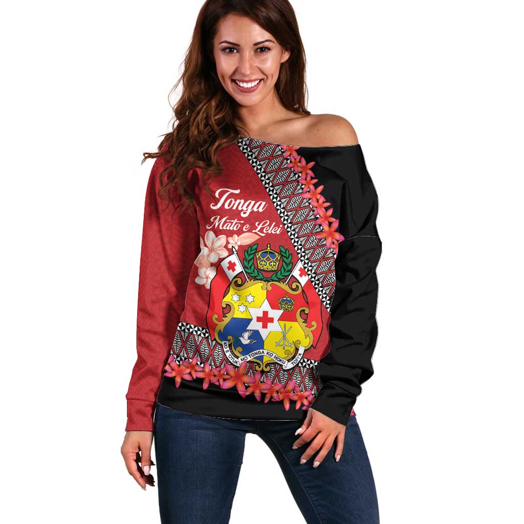 Personalised Tonga Language Week Off Shoulder Sweater Malo e Lelei Tongan Ngatu Pattern - Red LT14 Women Red - Polynesian Pride