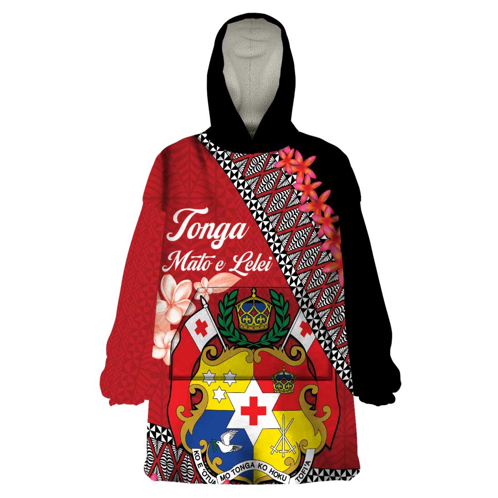 Personalised Tonga Language Week Wearable Blanket Hoodie Malo e Lelei Tongan Ngatu Pattern - Red LT14 One Size Red - Polynesian Pride