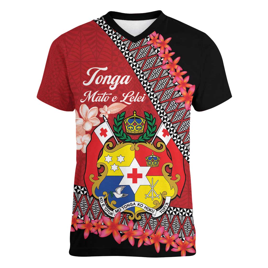 Personalised Tonga Language Week Women V-Neck T-Shirt Malo e Lelei Tongan Ngatu Pattern - Red LT14 Female Red - Polynesian Pride
