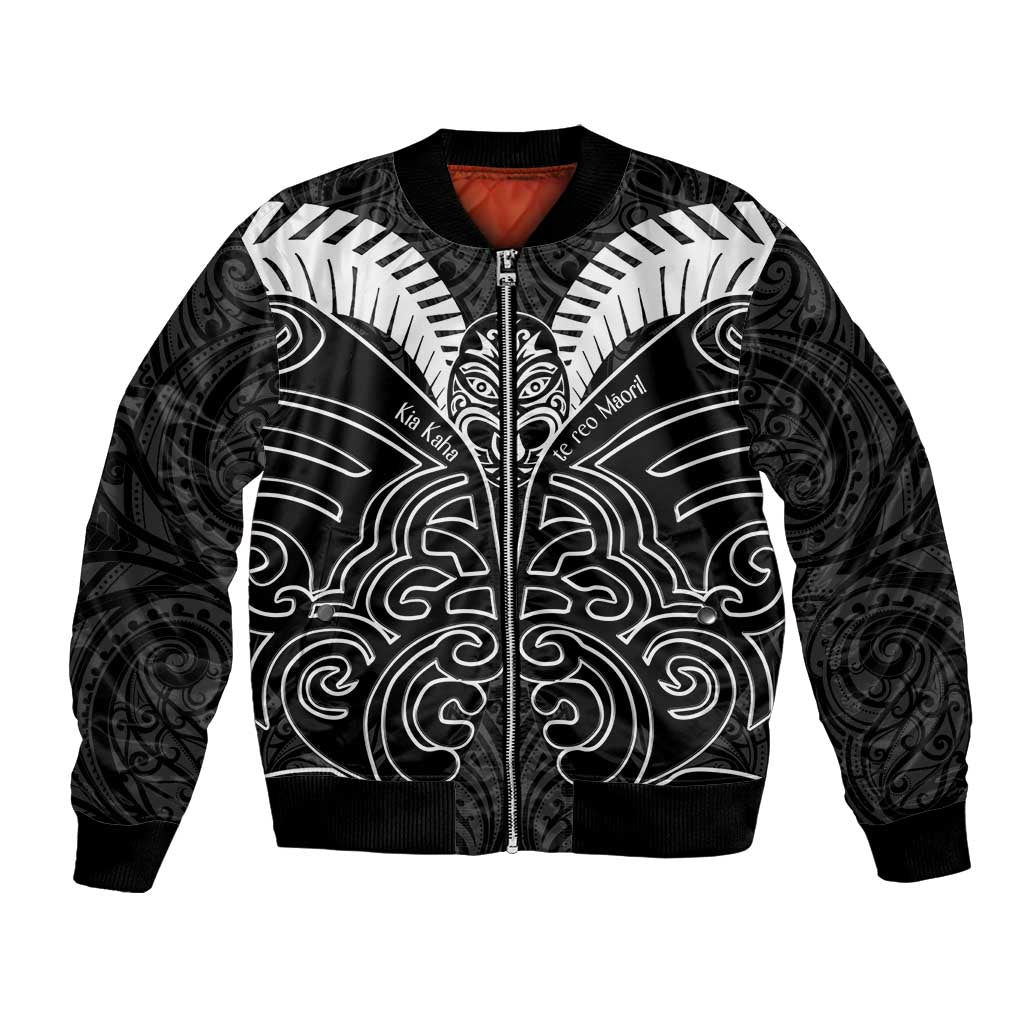 Kia Kaha Te Reo Maori Bomber Jacket Aotearoa Hei Tiki With Hongi LT14 Unisex Black - Polynesian Pride