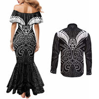 Kia Kaha Te Reo Maori Couples Matching Mermaid Dress and Long Sleeve Button Shirt Aotearoa Hei Tiki With Hongi