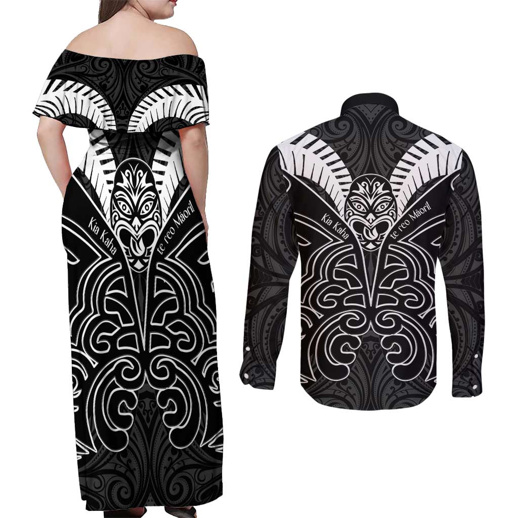 Kia Kaha Te Reo Maori Couples Matching Off Shoulder Maxi Dress and Long Sleeve Button Shirt Aotearoa Hei Tiki With Hongi