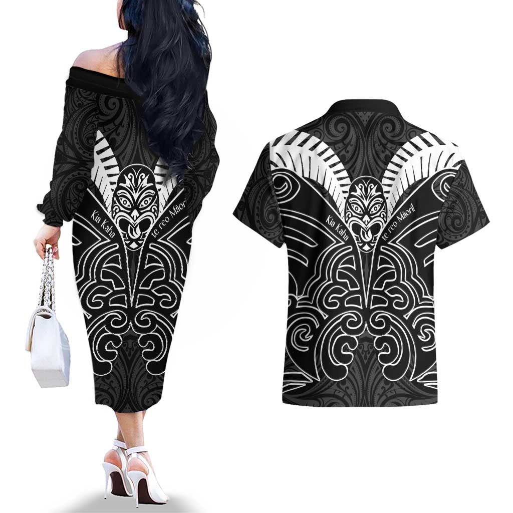 Kia Kaha Te Reo Maori Couples Matching Off The Shoulder Long Sleeve Dress and Hawaiian Shirt Aotearoa Hei Tiki With Hongi