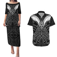 Kia Kaha Te Reo Maori Couples Matching Puletasi and Hawaiian Shirt Aotearoa Hei Tiki With Hongi