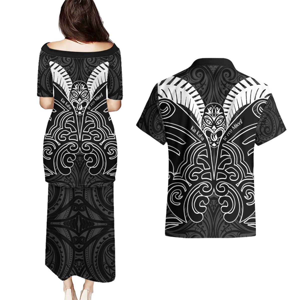 Kia Kaha Te Reo Maori Couples Matching Puletasi and Hawaiian Shirt Aotearoa Hei Tiki With Hongi