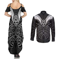 Kia Kaha Te Reo Maori Couples Matching Summer Maxi Dress and Long Sleeve Button Shirt Aotearoa Hei Tiki With Hongi