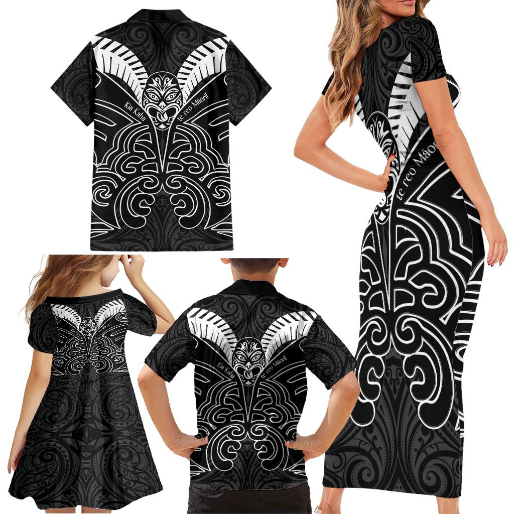 Kia Kaha Te Reo Maori Family Matching Short Sleeve Bodycon Dress and Hawaiian Shirt Aotearoa Hei Tiki With Hongi