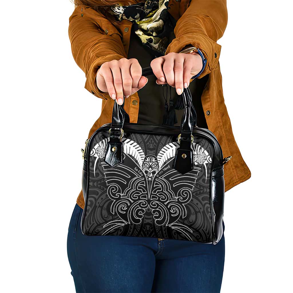 Kia Kaha Te Reo Maori Shoulder Handbag Aotearoa Hei Tiki With Hongi LT14 One Size Black - Polynesian Pride