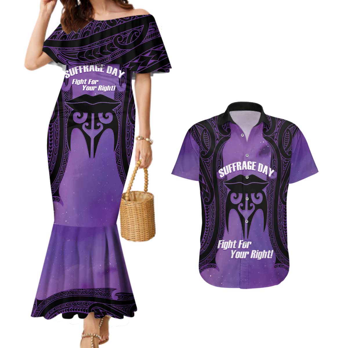 Personalised New Zealand Suffrage Day Couples Matching Mermaid Dress and Hawaiian Shirt Maori Tattoo Galaxy Vibe - Polynesian Pride