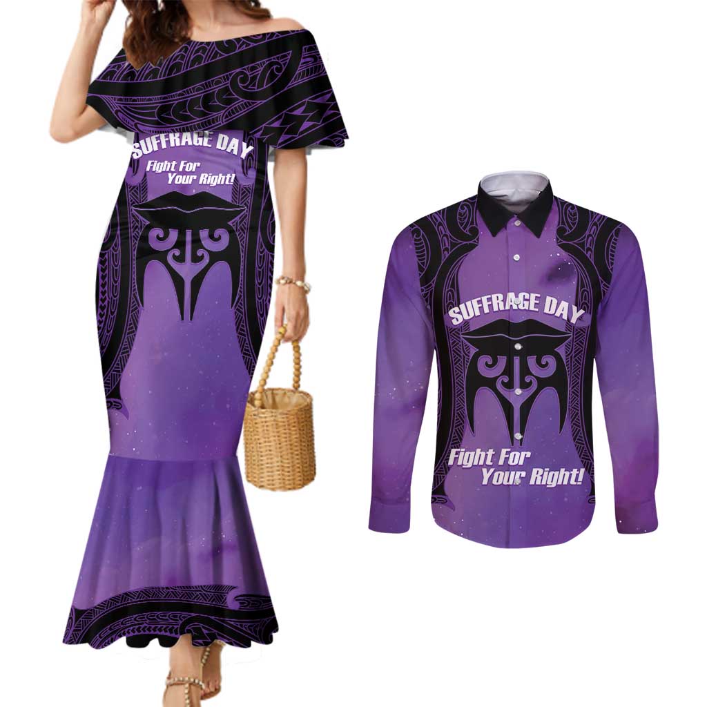 Personalised New Zealand Suffrage Day Couples Matching Mermaid Dress and Long Sleeve Button Shirt Maori Tattoo Galaxy Vibe - Polynesian Pride