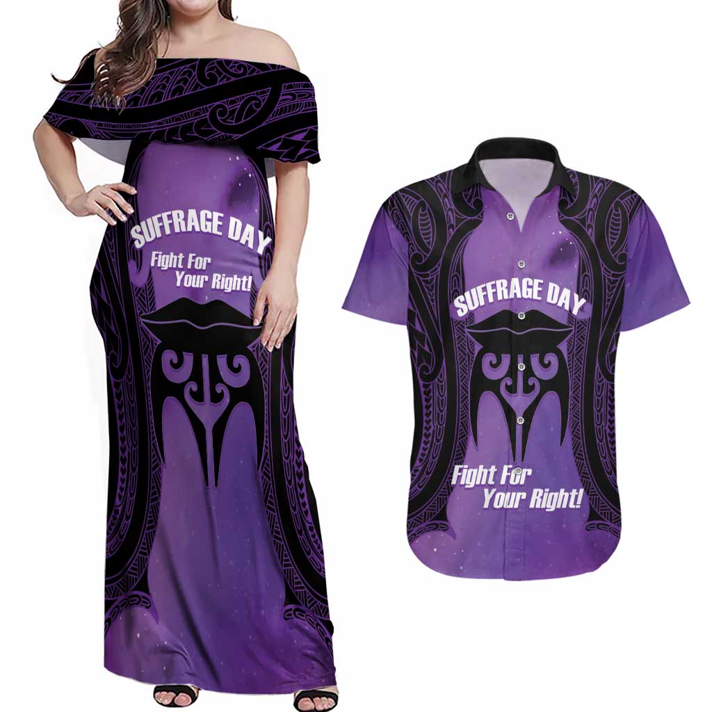 Personalised New Zealand Suffrage Day Couples Matching Off Shoulder Maxi Dress and Hawaiian Shirt Maori Tattoo Galaxy Vibe - Polynesian Pride