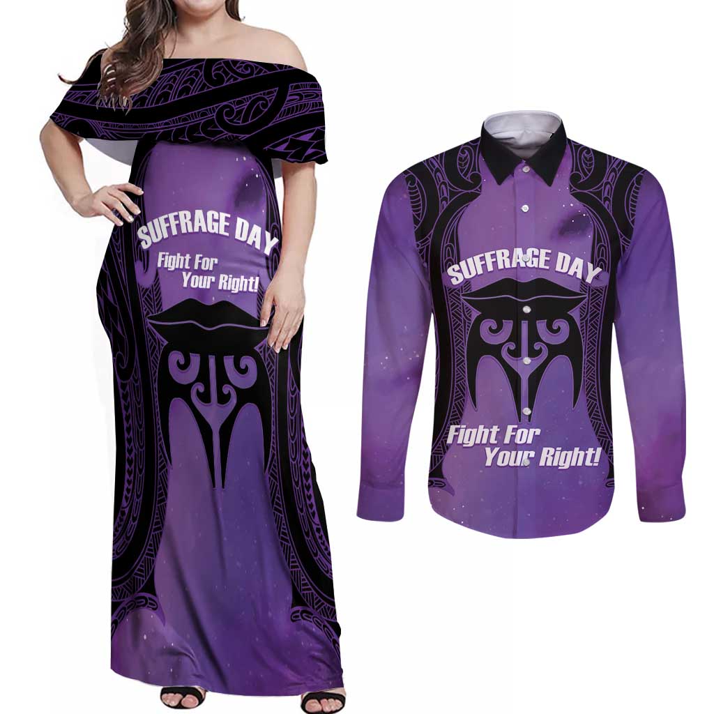 Personalised New Zealand Suffrage Day Couples Matching Off Shoulder Maxi Dress and Long Sleeve Button Shirt Maori Tattoo Galaxy Vibe - Polynesian Pride