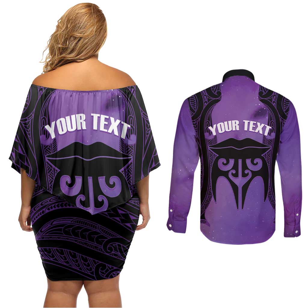 Personalised New Zealand Suffrage Day Couples Matching Off Shoulder Short Dress and Long Sleeve Button Shirt Maori Tattoo Galaxy Vibe - Polynesian Pride