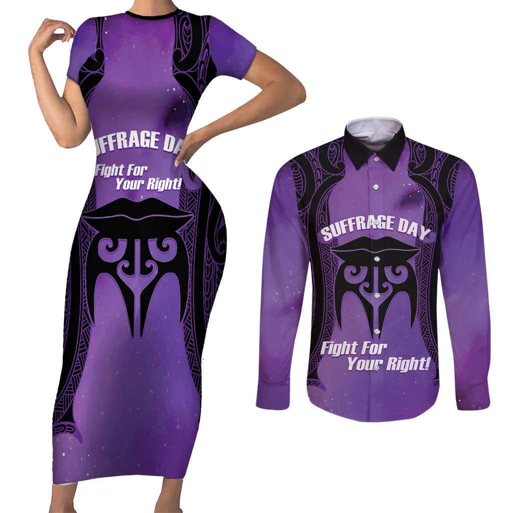 Personalised New Zealand Suffrage Day Couples Matching Short Sleeve Bodycon Dress and Long Sleeve Button Shirt Maori Tattoo Galaxy Vibe - Polynesian Pride