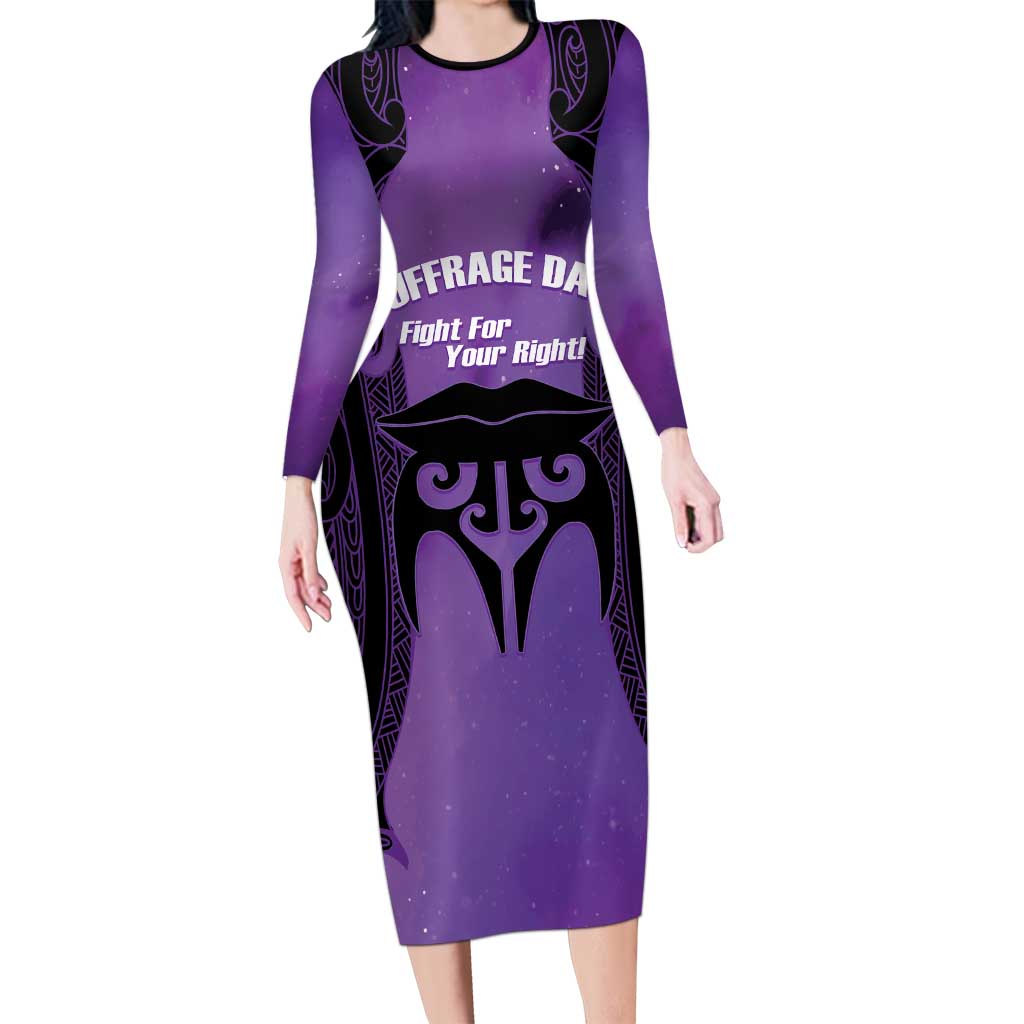 Personalised New Zealand Suffrage Day Long Sleeve Bodycon Dress Maori Tattoo Galaxy Vibe - Polynesian Pride