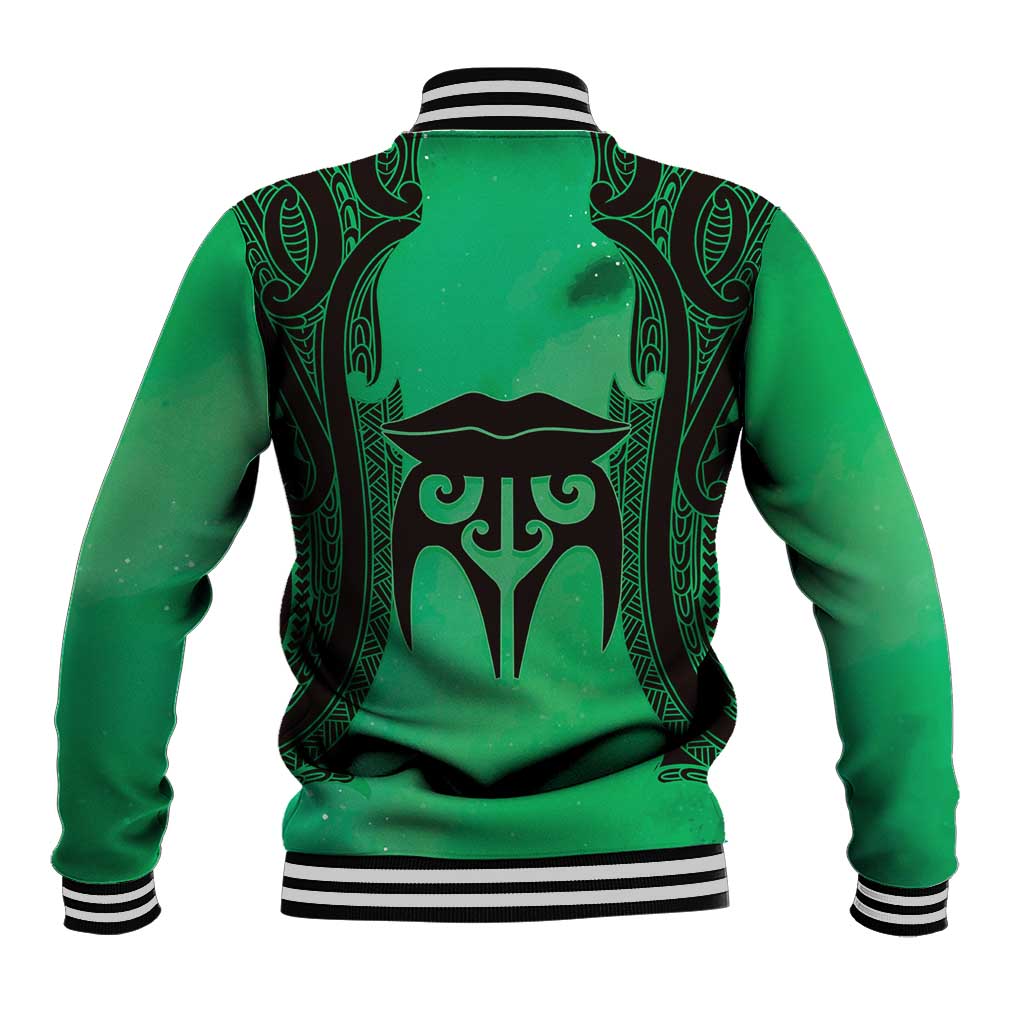 Personalised Moko Kauae New Zealand Baseball Jacket Maori Chin Tattoo Green - Polynesian Pride