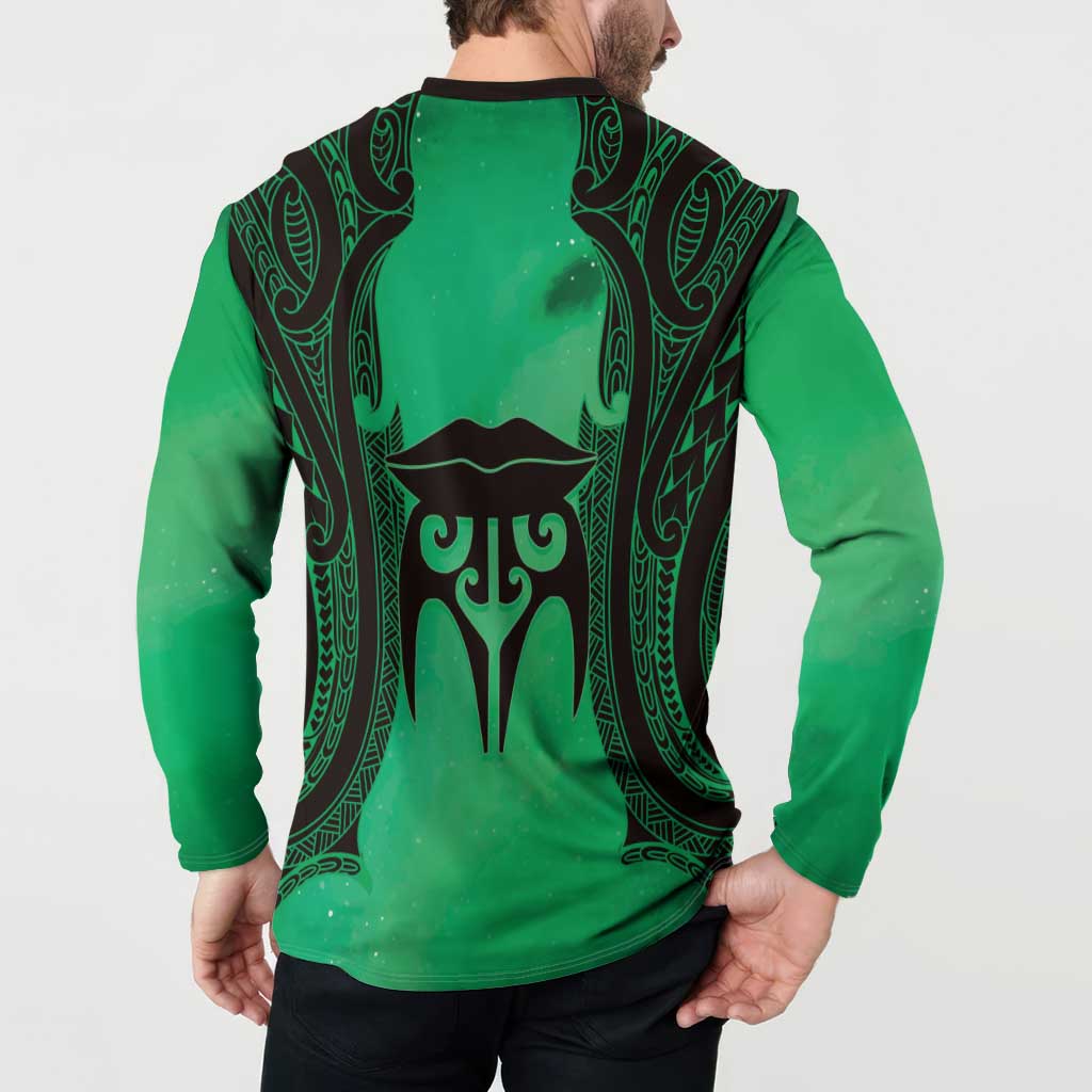 Personalised Moko Kauae New Zealand Button Sweatshirt Maori Chin Tattoo Green - Polynesian Pride