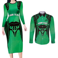 Personalised Moko Kauae New Zealand Couples Matching Long Sleeve Bodycon Dress and Long Sleeve Button Shirt Maori Chin Tattoo Green - Polynesian Pride