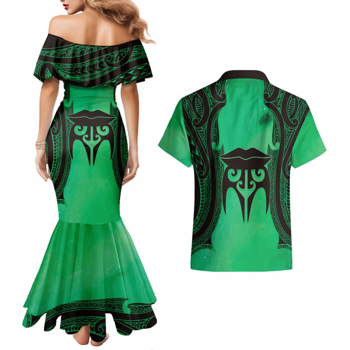 Personalised Moko Kauae New Zealand Couples Matching Mermaid Dress and Hawaiian Shirt Maori Chin Tattoo Green - Polynesian Pride