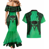 Personalised Moko Kauae New Zealand Couples Matching Mermaid Dress and Hawaiian Shirt Maori Chin Tattoo Green - Polynesian Pride