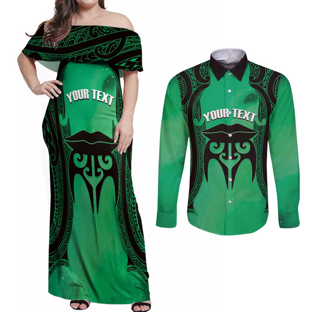 Personalised Moko Kauae New Zealand Couples Matching Off Shoulder Maxi Dress and Long Sleeve Button Shirt Maori Chin Tattoo Green - Polynesian Pride