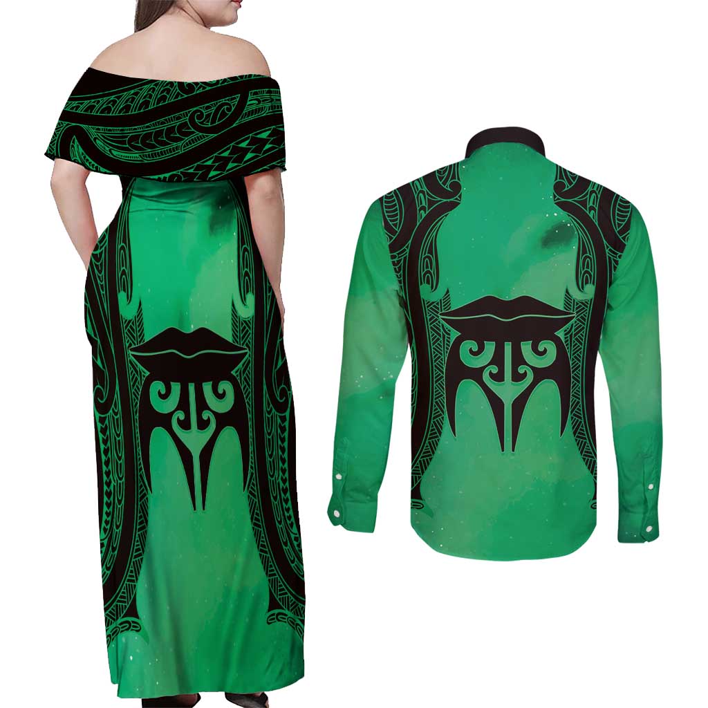 Personalised Moko Kauae New Zealand Couples Matching Off Shoulder Maxi Dress and Long Sleeve Button Shirt Maori Chin Tattoo Green - Polynesian Pride