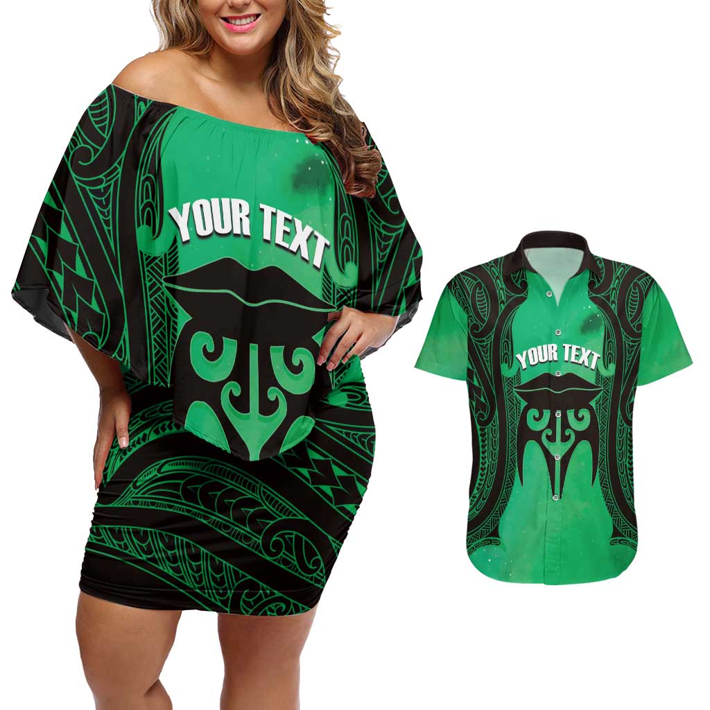 Personalised Moko Kauae New Zealand Couples Matching Off Shoulder Short Dress and Hawaiian Shirt Maori Chin Tattoo Green - Polynesian Pride