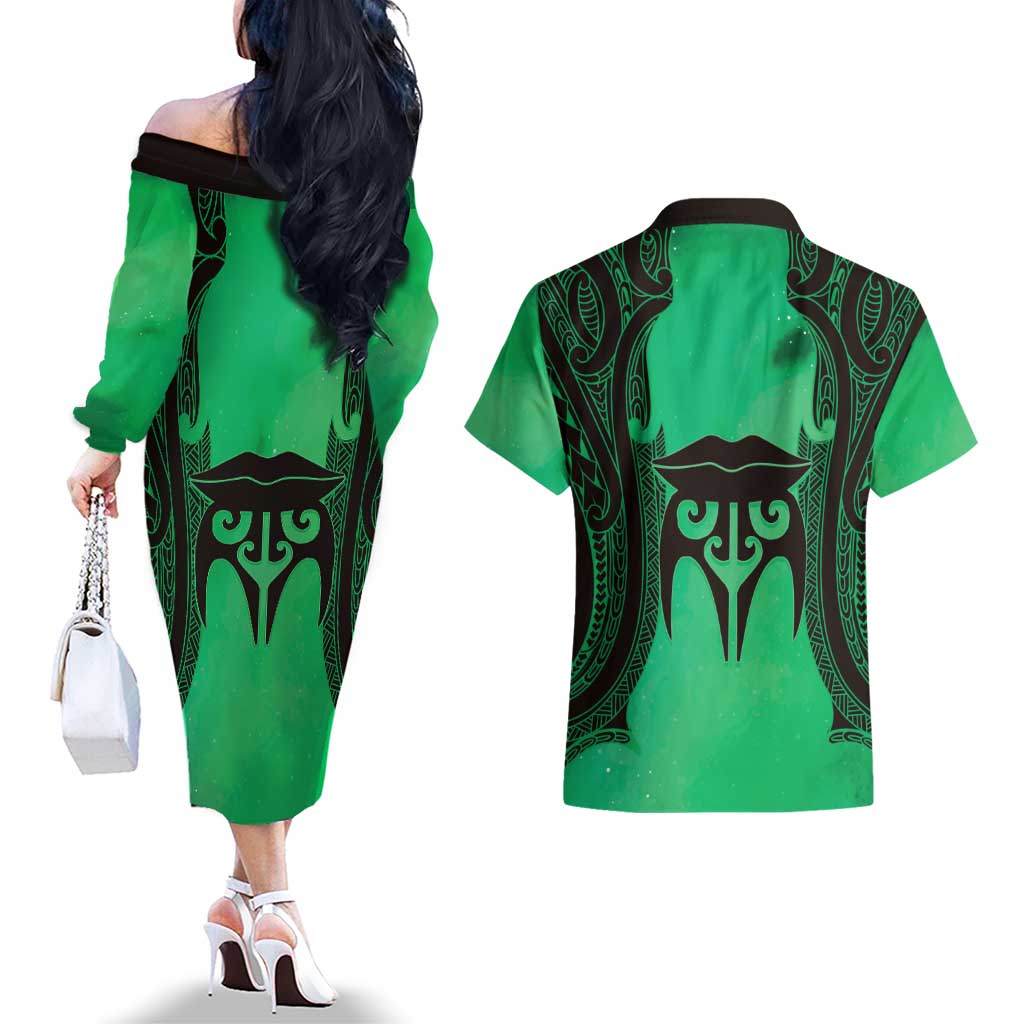 Personalised Moko Kauae New Zealand Couples Matching Off The Shoulder Long Sleeve Dress and Hawaiian Shirt Maori Chin Tattoo Green - Polynesian Pride
