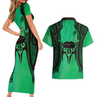 Personalised Moko Kauae New Zealand Couples Matching Short Sleeve Bodycon Dress and Hawaiian Shirt Maori Chin Tattoo Green - Polynesian Pride