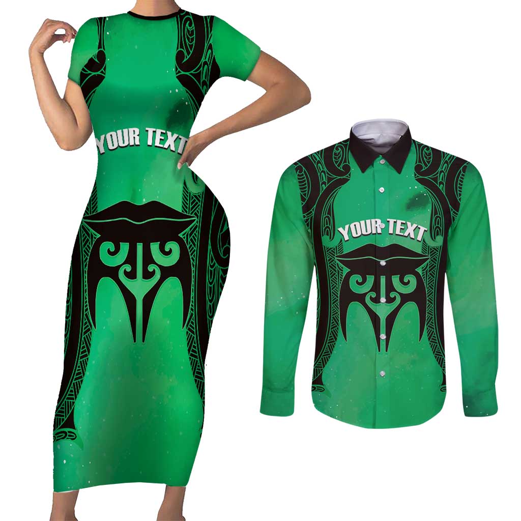 Personalised Moko Kauae New Zealand Couples Matching Short Sleeve Bodycon Dress and Long Sleeve Button Shirt Maori Chin Tattoo Green - Polynesian Pride