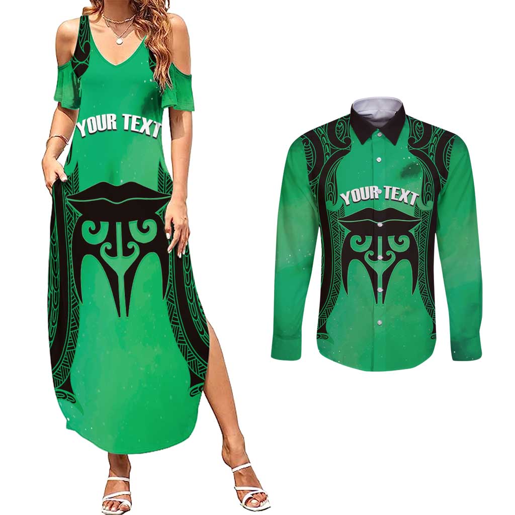 Personalised Moko Kauae New Zealand Couples Matching Summer Maxi Dress and Long Sleeve Button Shirt Maori Chin Tattoo Green - Polynesian Pride