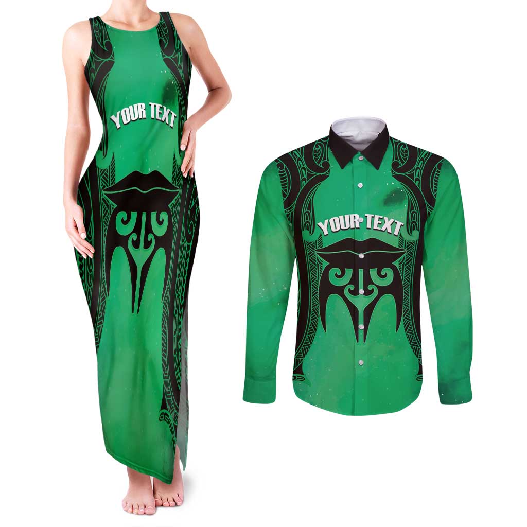 Personalised Moko Kauae New Zealand Couples Matching Tank Maxi Dress and Long Sleeve Button Shirt Maori Chin Tattoo Green - Polynesian Pride
