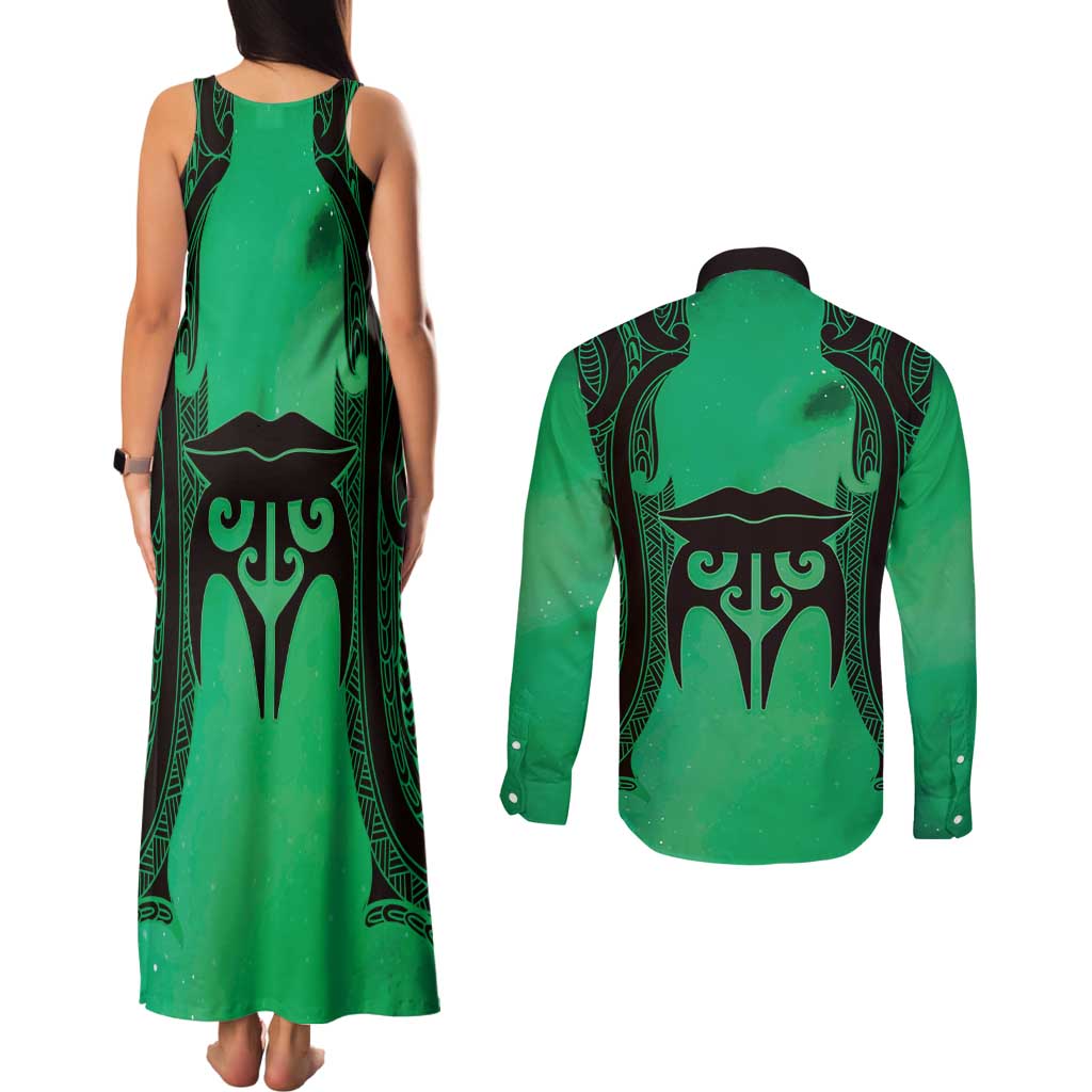 Personalised Moko Kauae New Zealand Couples Matching Tank Maxi Dress and Long Sleeve Button Shirt Maori Chin Tattoo Green - Polynesian Pride